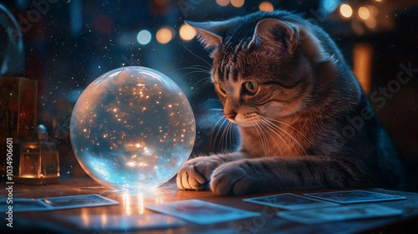 Obraz A cat perched on a table with a glowing crystal ball, surrounded by tarot cards and mystical decorations. A dark, starry backdrop enhances the magical feel.