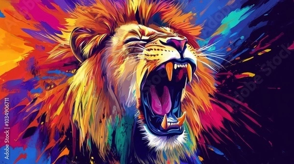 Fototapeta Roaring lion in bold and vibrant abstract colors
