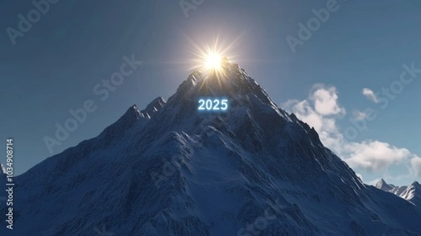 Obraz A dynamic leap into the air with 2025 glowing brightly at the peak of a mountain, with a clear blue sky