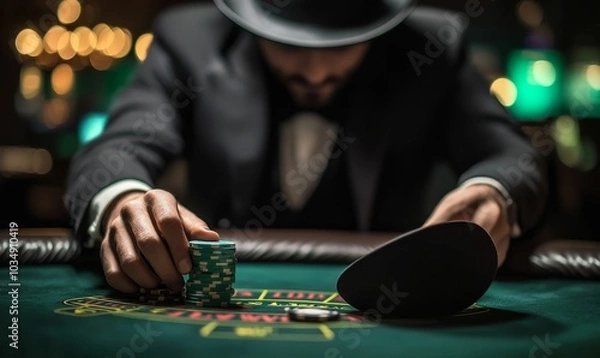 Obraz A gambler places a bet at a roulette table.
