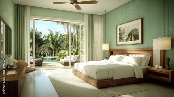 Obraz Modern bedroom design featuring refreshing mint green walls, cozy white bed linens, and wood furniture, soft and inviting