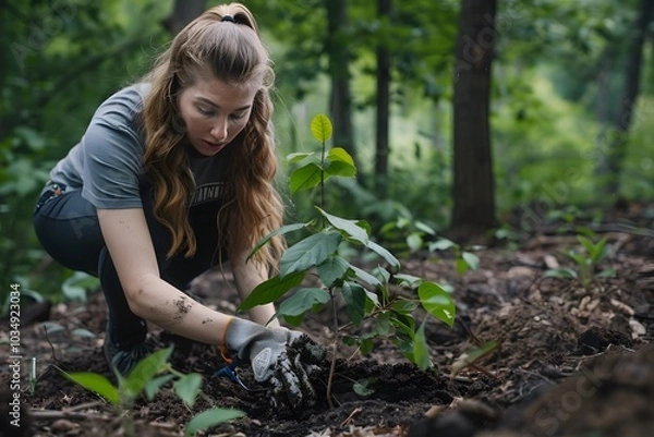 Obraz A Passionate Volunteer Planting Trees in a Lush Forest Environment