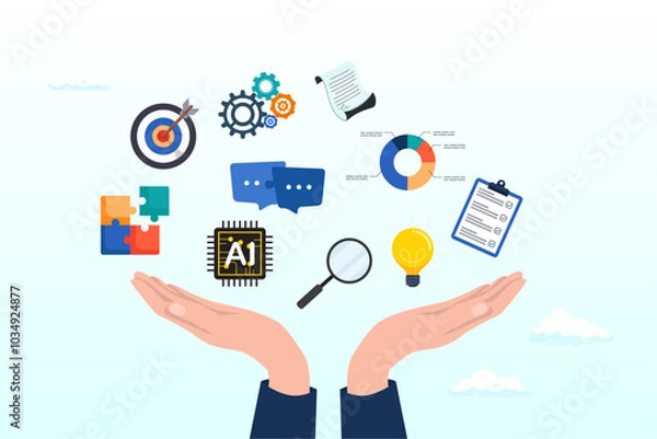 Obraz Skill, work experience or ability development, expertise success, leadership or communication to success, learning skills, wisdom concept, businessman hand hold multiple skills set to achieve success