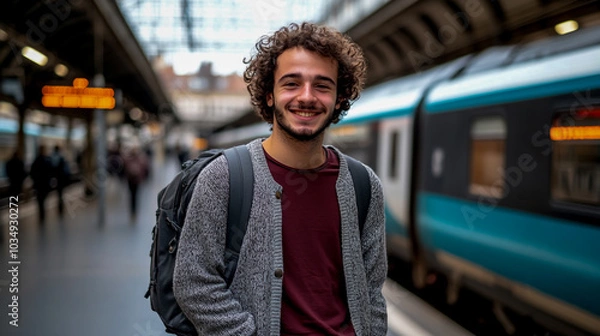 Obraz A young man with curly hair stands at the train station, smiling and looking directly into camera.