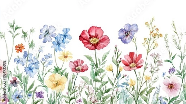 Fototapeta Watercolor illustration featuring a floral background with wildflowers ideal for a wedding bouquet designed as a border element isolated on white