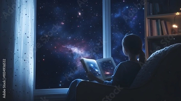 Fototapeta A Young Girl Reads a Book While Gazing at the Starry Night Through a Window