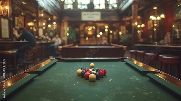 Fototapeta A pool table in a dimly lit pub with a group of people sitting at the bar in the background.