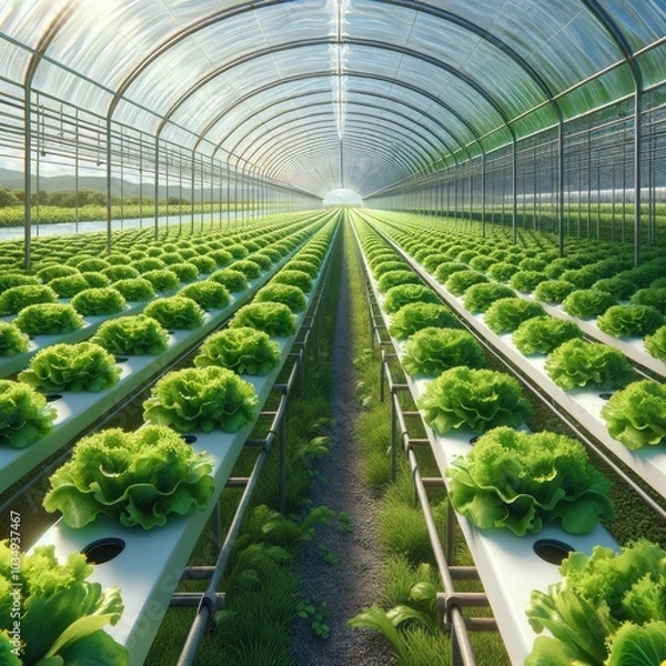 Obraz High-Precision Hydroponic Greenhouse with Lush Lettuce Rows Showcasing Sustainable Farming Techniques and Advanced Agricultural Technology in Sunlit Environment