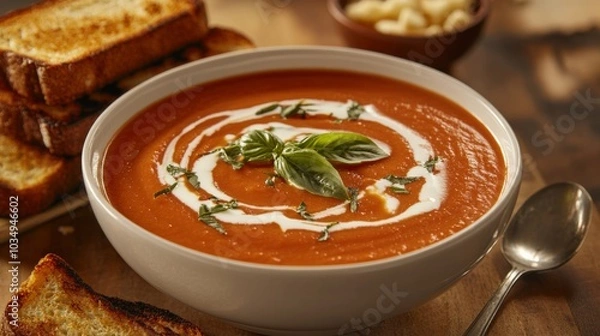 Obraz A bowl of creamy tomato soup garnished with a swirl of cream and fresh basil leaves, served with a side of grilled cheese sandwich halves, Soup centered
