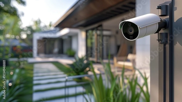 Obraz A sleek modern security camera positioned outside a stylish home, capturing the essence of safety and technology in a bright, inviting setting.