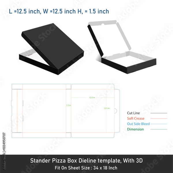 Fototapeta Stander Pizza box dieline template with 3D, vector file