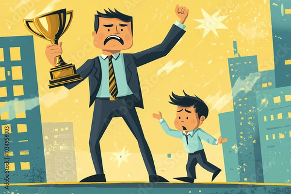 Obraz Illustration of businessman holding a trophy and crying child