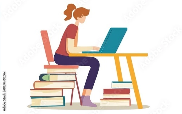 Fototapeta A focused student working on a laptop while seated on books, illustrating creativity and the pursuit of knowledge.