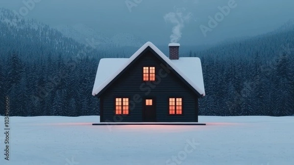 Fototapeta A cozy cabin in a snowy landscape, illuminated windows, and a chimney puffing smoke under a calm, wintry sky.