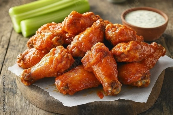 Obraz Delicious buffalo wings served with celery and dipping sauce on wood