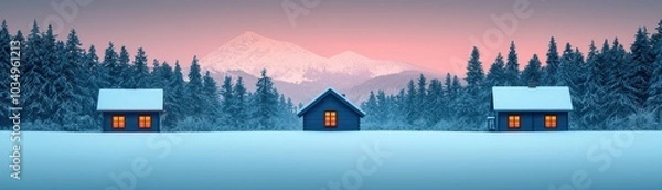 Fototapeta A serene winter landscape featuring three cozy cabins surrounded by snow, set against a backdrop of mountains and a colorful sky at dusk.