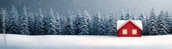 Fototapeta A picturesque winter scene featuring a red house surrounded by snow-covered trees under a soft snowfall.