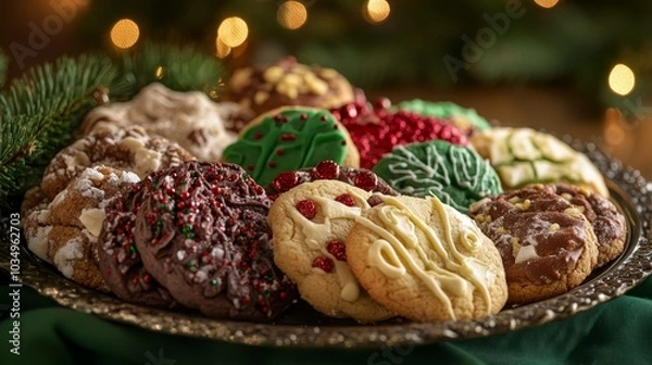 Obraz Festive assortment of decorated Christmas cookies on a tray