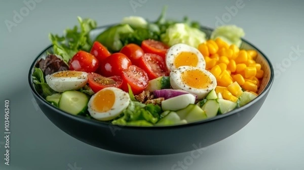 Obraz Fresh Cobb salad with ingredients on a modern table setting