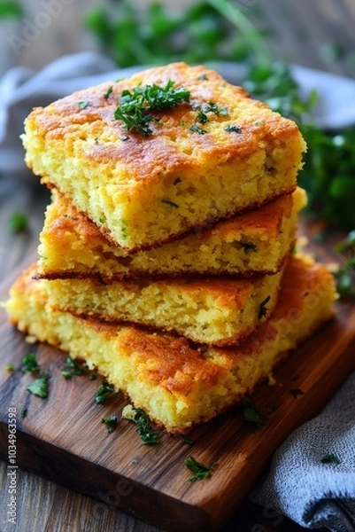 Obraz Homemade cornbread stacked on a wooden board with fresh herbs