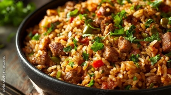 Obraz Delicious Creole jambalaya with rice and meat ready for serving