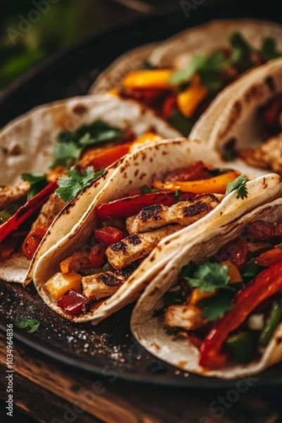Obraz Delicious grilled chicken fajitas served in warm tortillas