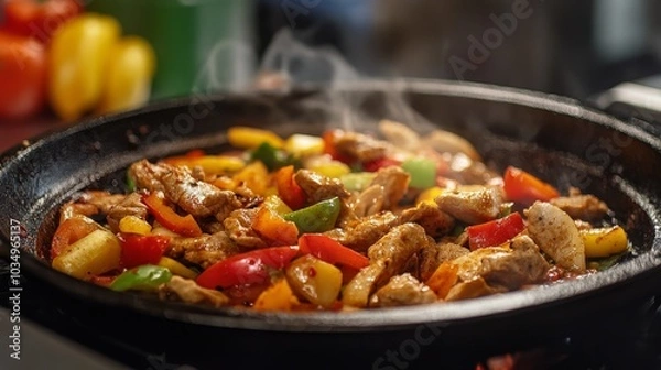 Obraz Sizzling chicken fajitas with colorful peppers in a skillet