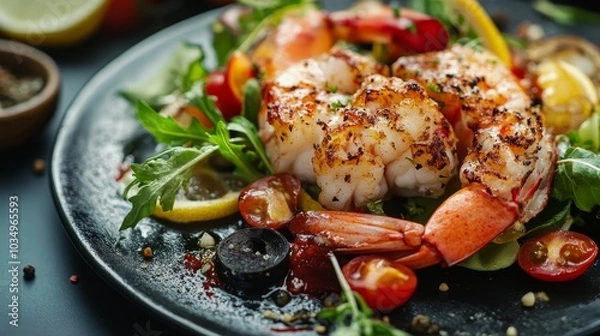 Obraz Delicious grilled lobster served on a fresh salad with vegetables