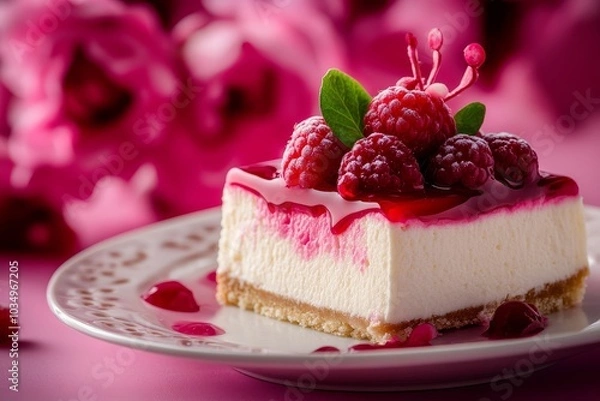 Obraz Delicious new york cheesecake topped with fresh raspberries