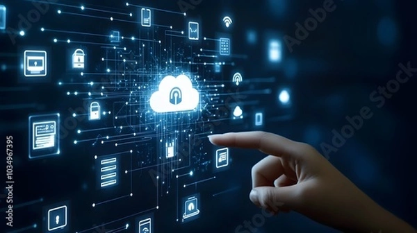 Fototapeta Hand touching a digital screen with icons of technology and online network connection, cloud storage, or security system on a dark blue background