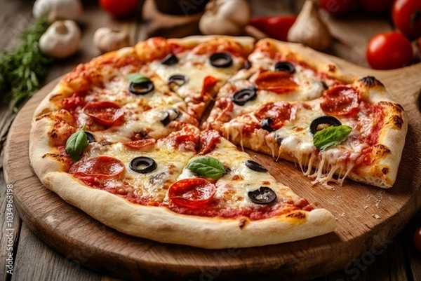 Obraz Delicious pepperoni pizza with olives and fresh basil on wooden board