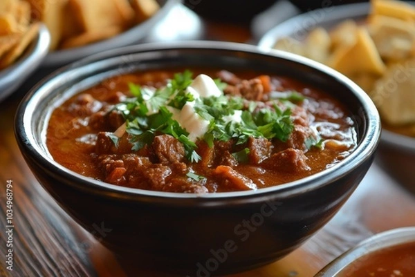 Obraz Delicious spicy Texas chili meat soup served in a black bowl