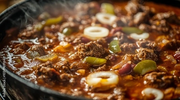 Obraz Spicy Texas chili meat soup simmering in a pot with fresh ingredients