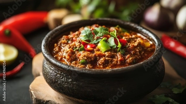 Obraz Savory spicy Texas chili meat soup served in a traditional bowl