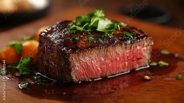 Obraz Juicy grilled steak served on a wooden board with herbs and sauce