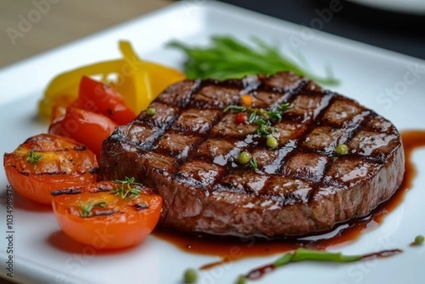 Obraz Grilled steak with vegetables served on a white plate