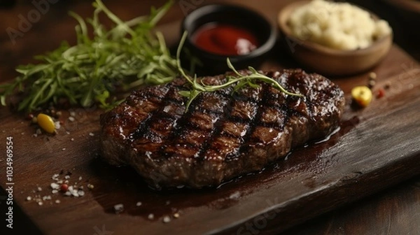 Obraz Juicy grilled steak served with side condiments and greens