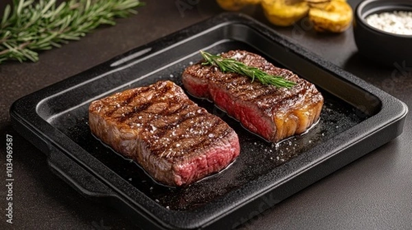 Obraz Savory grilled steaks served on a black plate with herbs