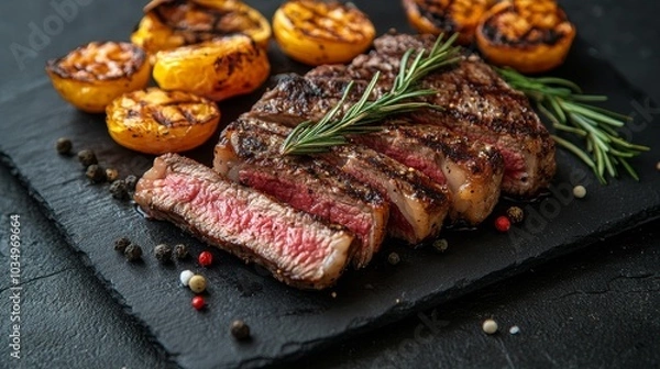 Obraz Grilled steak with charred peaches and fresh rosemary on slate platter