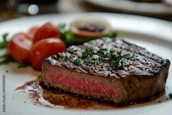 Obraz Succulent steak served with fresh tomatoes and herbs on a plate