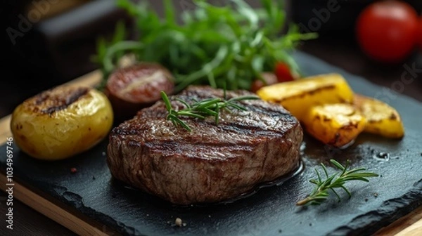 Obraz Grilled steak served with vegetables and fresh herbs on a platter