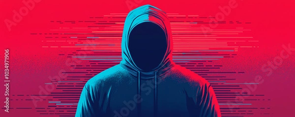 Fototapeta Cyberpunk hacker in a hoodie, standing before glowing red and blue digital code, high-tech world of data and cybercrime, vibrant futuristic colors, anonymous figure in the shadows.