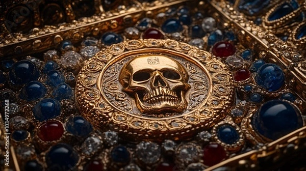Fototapeta A close-up view of an ornate, golden box featuring a skull at its center, surrounded by colorful gemstones.