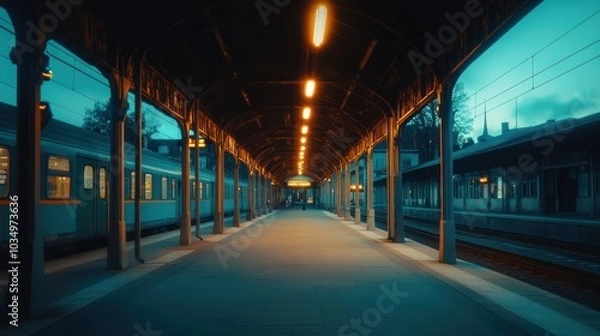 Obraz A Train Platform Underneath a Covered Canopy at Dusk