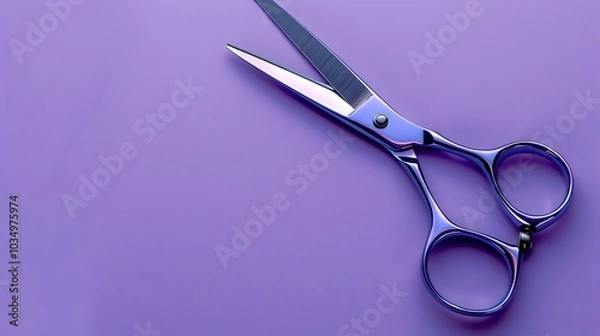 Fototapeta A pair of apparent and iron scissors on a violet background