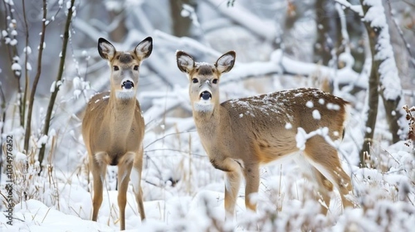 Fototapeta A pair of curious deer with white tails in a wintry landscape