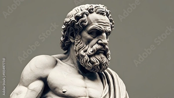 Fototapeta Ancient greek philosopher sculpture with intricate facial features and curly beard on a minimalist backdrop