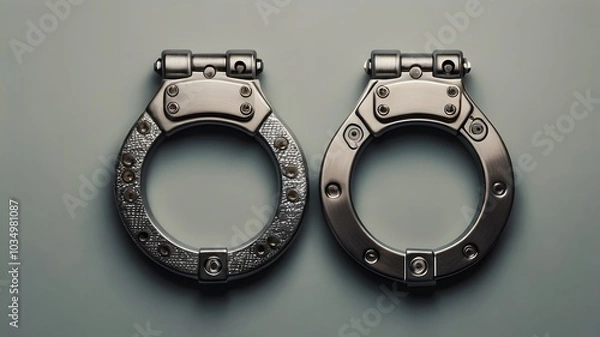 Fototapeta Close up of metal handcuffs isolated on plain background for crime and justice concept