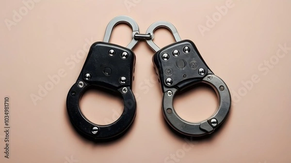 Fototapeta Close up of black metal handcuffs on plain background symbolizing security and justice