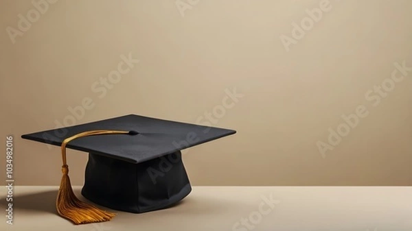 Fototapeta Black academic cap with gold tassel in minimalistic setting